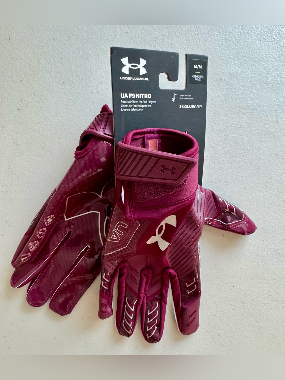 Under Armour F9 Nitro Football Gloves. Men’s  Medium. Glue Grip. Maroon. NWT